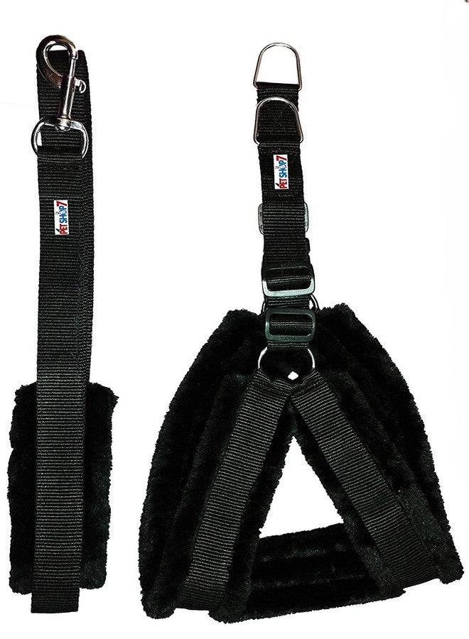 Skora Nylon Dog Harness & Leash Set with Fur 1.25 inch Large - Black (Chest Size - 28-34) - Image 1